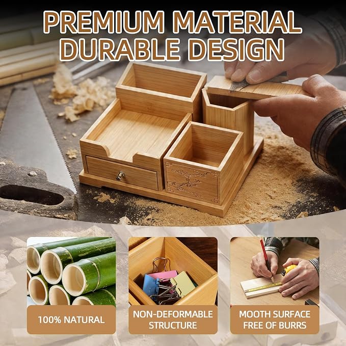 Bamboo Desk Organizer with Drawer & Pen Holder, Office Desk Caddy Storage | Natural Bamboo Wooden Desk Organizers and Accessories with Drawers Multi-Compartment Desktop Storage for Office Home Supplies