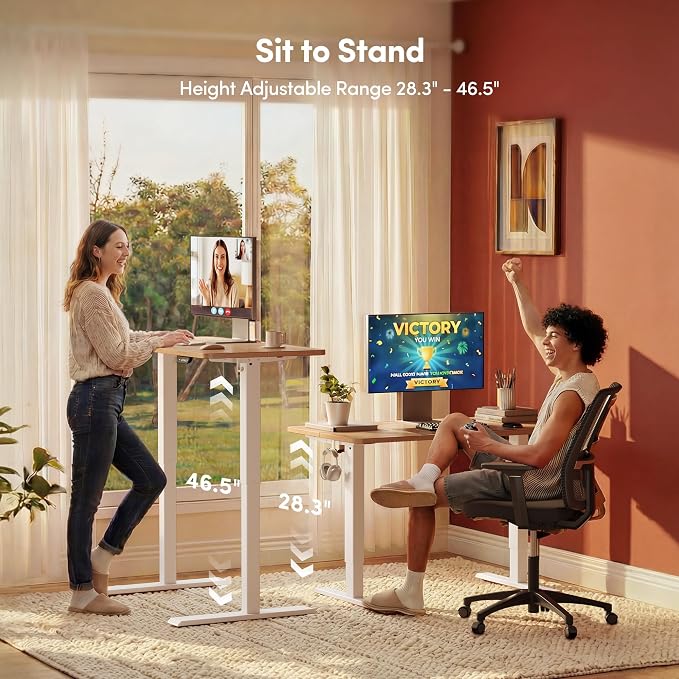 FEZIBO Standing Desk, 48 × 24 Inches Electric Height Adjustable, Sit and Stand Up, Computer Office Desk with Splice Board, White Frame/Maple TOP