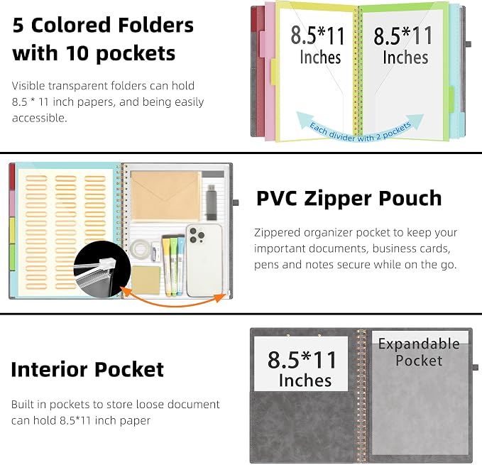 Ospelelf Grey Foldable Clipboard Folio with with Storage Zipper Pouch, Leather Spiral Clipboard Folder with Notepad, 5 Plastic Folders with 10 Pockets, 39 Divider Label Stickers, Pen Loop Series