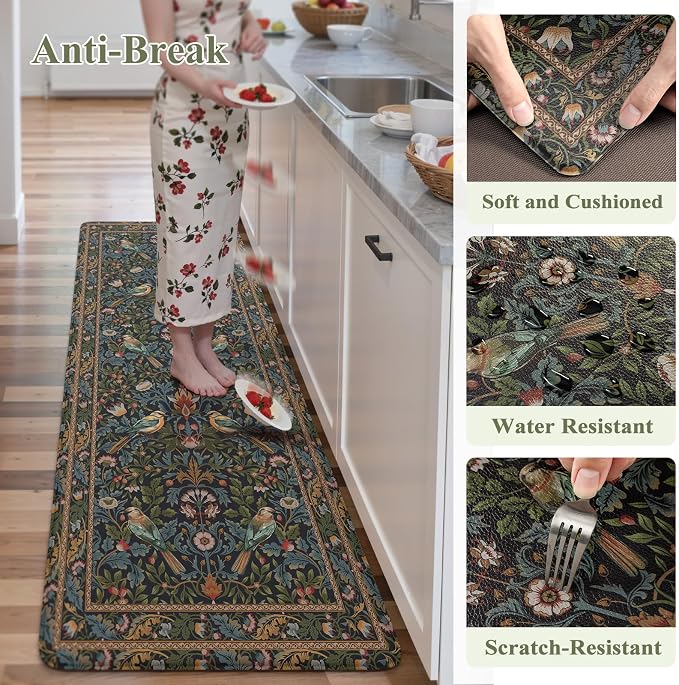 KIMODE Kitchen Mats Anti Fatigue,Cushioned Kitchen Rugs Runner | Navy Blue Green,Boho Floral Bird Kitchen Rugs Non Slip ,Wide Long Memory Foam Kitchen Floor Mat for Laundry Sink Office Home