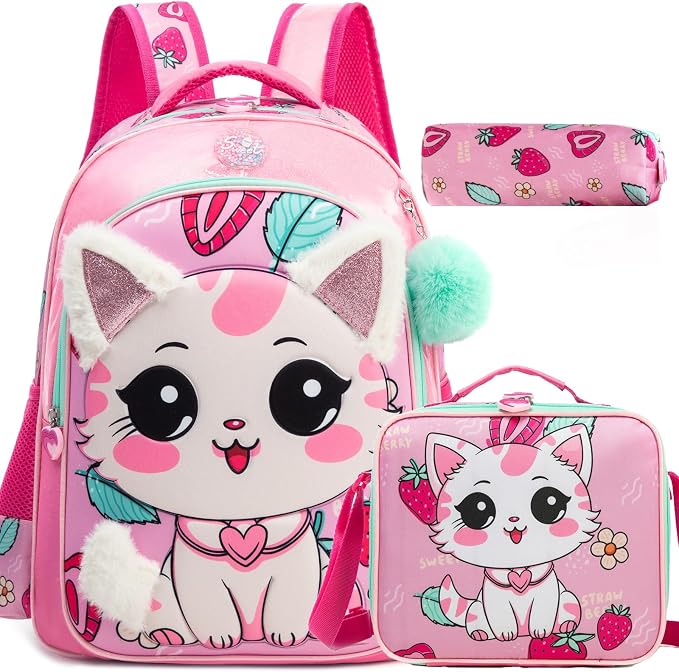 Kids Backpacks for Girls Backpack for School Cute Cat Travel Backpack for Kids with Lunch Box Kawaii Bookbag for Girls Back to School Supplies