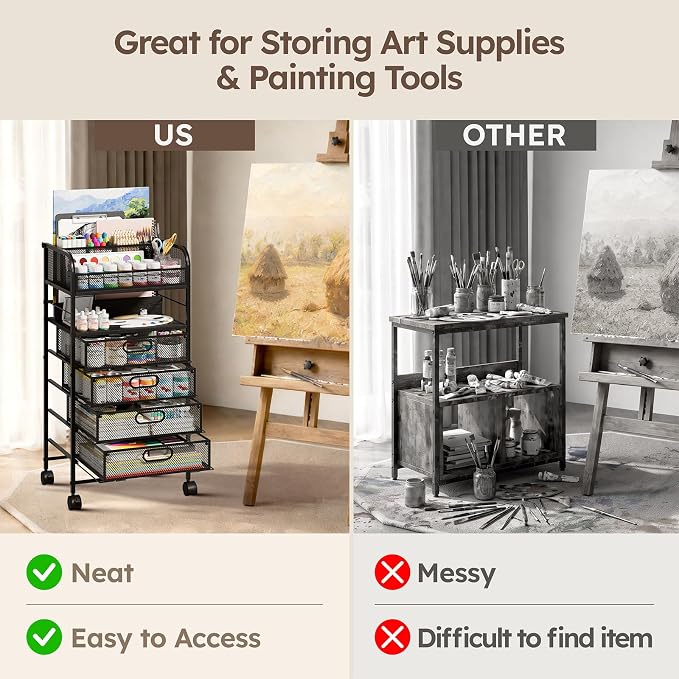 Rolling Art Cart with 4 Drawers, Black | Art Supplies Organizer, 5-Tier Storage, Adjustable Dividers, Anti-Pull Mesh Drawers, Metal Frame, 4 Casters with 2 Locks