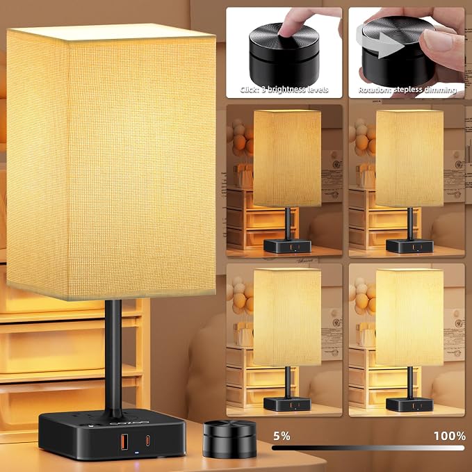 cozoo Bedside Table Lamp for Bedroom, 3 Way Dimmable & Remote Control Stepless Dimming Touch Nightstand Lamp, 2 USB Ports and 2 AC Outlets, Small Desk Light for Living Room, Bed, Study, Beige