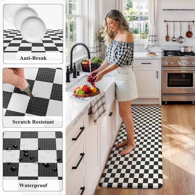 KIMODE Anti Fatigue Kitchen Mats for Floor, Cushioned Kitchen Floor Mats | 24"x59" Black and White Runner Rugs for Kitchen Floor,Checkered Laundry Room Rug,Comfort Standing Mat for Office Summer Decor