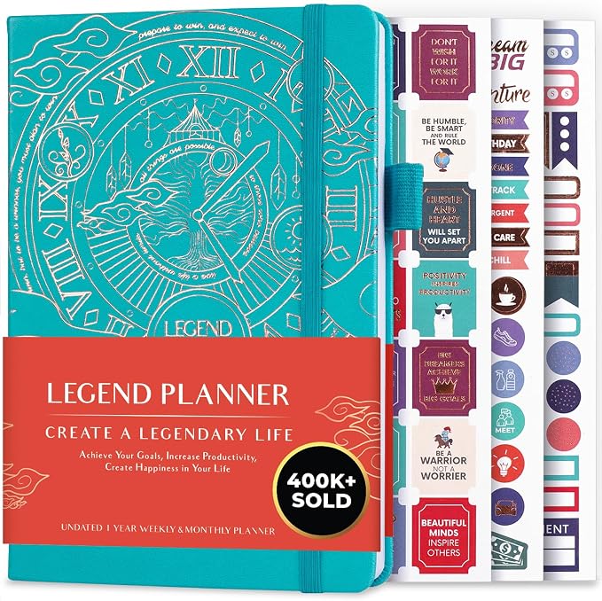 Legend Undated Weekly Planner – Goal Planner Journal & Organizer Notebook – Agenda Book with Monthly Calendar & To-Do List, A5 (Turquoise, Gold)