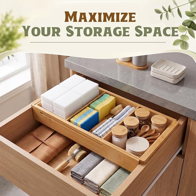 Yookeer 4 Pcs Expandable Drawer Organizer Adjustable Hanging Deep Drawer 11.4'' to 18.1'' Bamboo Wood Dividers Storage Tray for Desk Kitchen Bedroom Bathroom Office Supplies