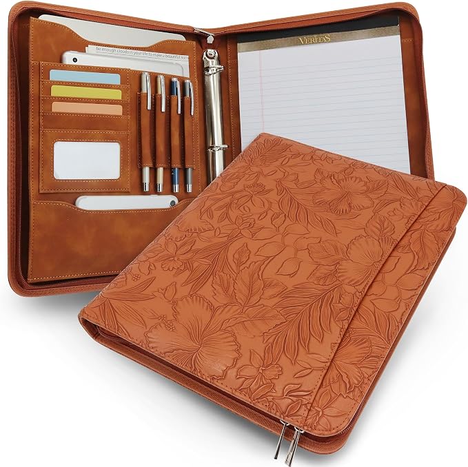 Embossed Faux Leather Zippered Padfolio with 3 Ring Binder, Executive Portfolio Organizer Binder for Women, Fits 13.9" Laptop/Tablet, Refillable Writing Pad Pocket, Brown