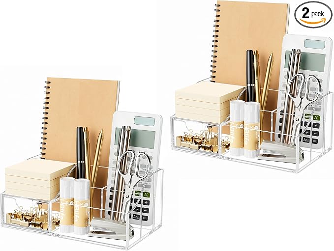 HBlife Acrylic Desk Organizer with Drawer, Pen & Pencil Holder, Multifunctional Desktop Caddy for Office Supply and Organization