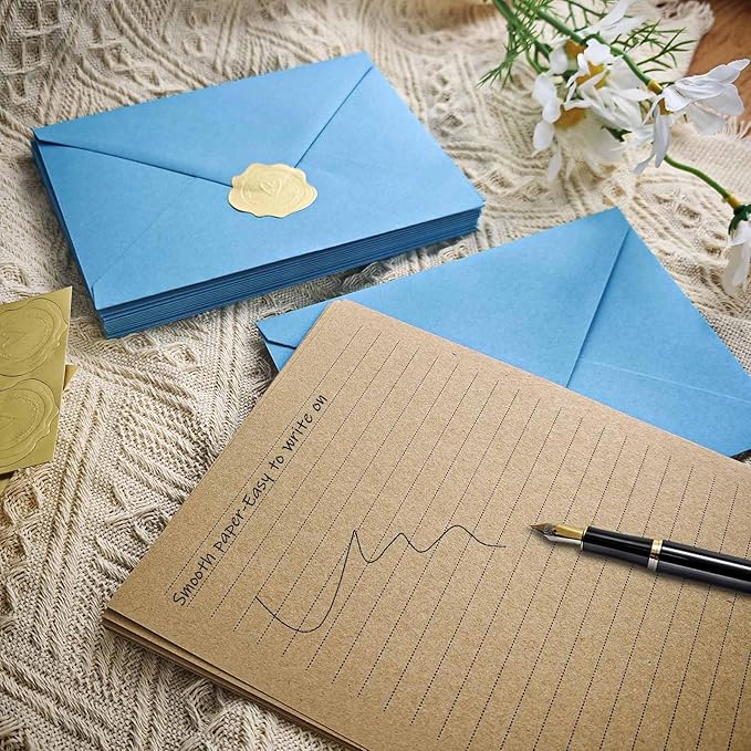 Stationary letter and envelopes set,Premium velvet-Touch envelopes 4x6 Envelopes 14 PCS with 28 PCS Stationery Paper,Colors Stationery Set for Love Letter, Party Invitations (Lake blue）
