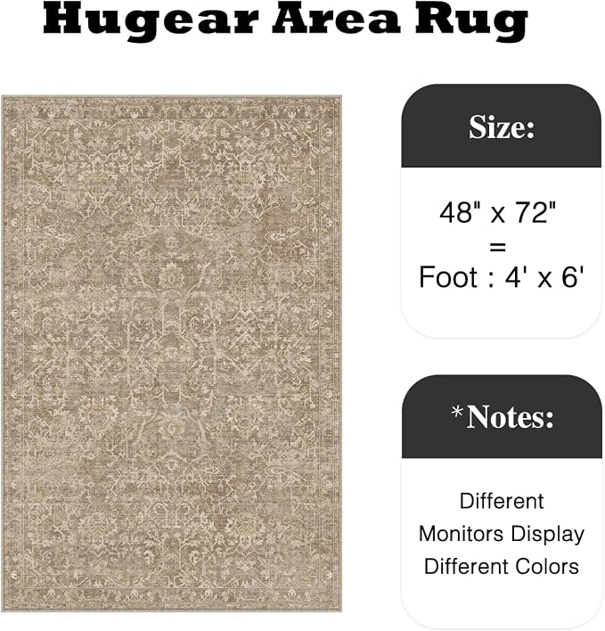 HUGEAR 4x6 Entryway Area Rug Light Brown Small Rug Machine Washable Door Mat Vintage Floral Low Pile Carpet Vacuumable Distressed Throw Rug Entrance Kitchen Bathroom Bedroom Non Slip Lightweight