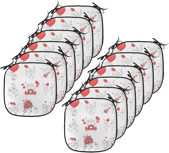 Lunarable Love Chair Cushion Pads Set 12, Couple in Love Funny Pictures Happy Sheep Wedding Theme Doodle Style Illustration, Anti-Slip Seat Padding for Kitchen & Patio, 16"x16", Red Black White