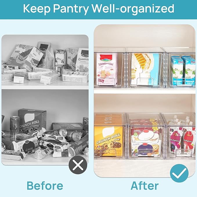 Vtopmart 4 Pack Stackable Clear Pantry Storage Drawers, Large | Large Clear Drawers with Handles. Stackable, Easy to Assemble, Non-slip and Sturdy for Pantry, Kitchen, Cabinet & Bathroom.
