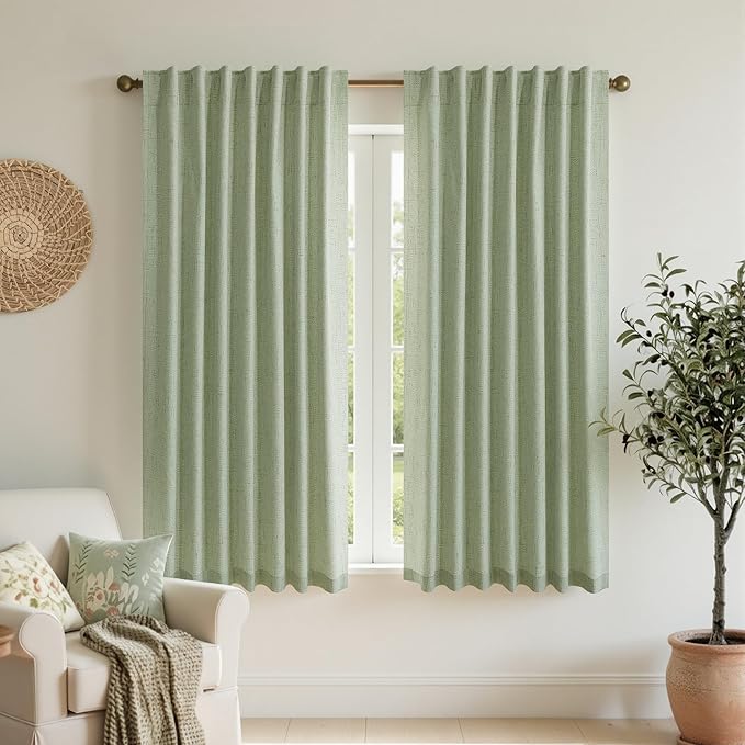 KOUFALL Bathroom Curtains Window,Short Eucalyptus Green Decorative Privacy Machine Washable Linen Blackout Curtains for Bedroom 45 Inch Length,Sage