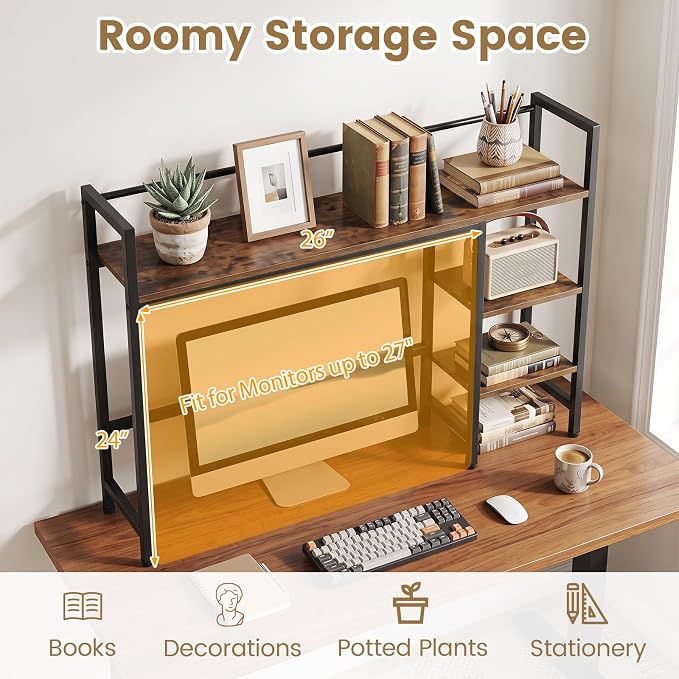 Tangkula 4-Tier Desktop Bookshelf, 38.5" Dorm Desk Hutch, Rustic Brown | Tabletop Hutch for Computer Monitor, 4 Open Storage Shelves, Anti-tip Device, Desktop Display Shelves for Home Office