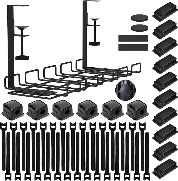 Under Desk Cable Management Tray, No Drill Steel Cord Organizer Kit with 52Pcs Different Essential Accessories for Home Office Standing Desk (15.7/13.4inch, Black)