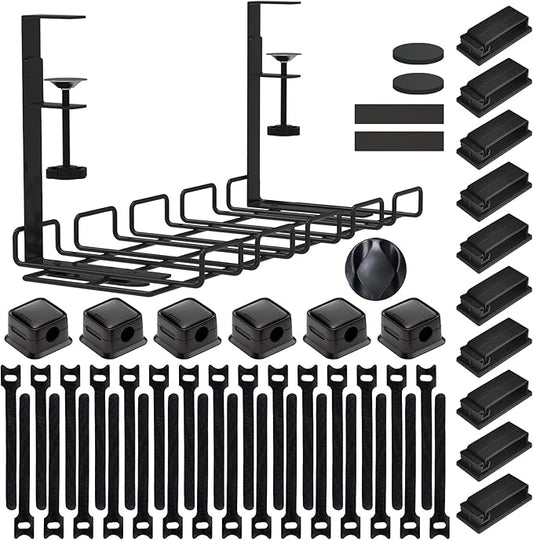 52-Piece Under Desk Cable Management Tray Kit - 15.7’’ No Drill Cable Organizer Basket for Office/Home, Holds Extension Cords & Wires, Screw-Free Clamp Mount for Desk, Kitchen, Internet Cafe