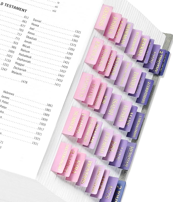Bible Tabs for Women & Men, Bible Tabs for Study Bible, Large Print Neutral Bible Tabs for Easy Navigation, Bible Index Tabs, 66 Tabs Old & New Testament, Extra 9 Blank Tabs - Violet Ombre