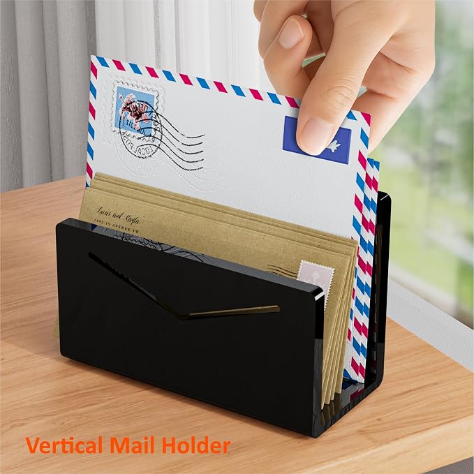FUCDTEFC Acrylic Mail Holder, Black Acrylic File Letter Organizer, Vertical Envelope Mail Holder for Desk, Lightweight Countertop Bill Holding Sorter Letter Invoice Stand for Home Office School | Vertical, Envelope, Lightweight, Countertop, Bill Holdin...