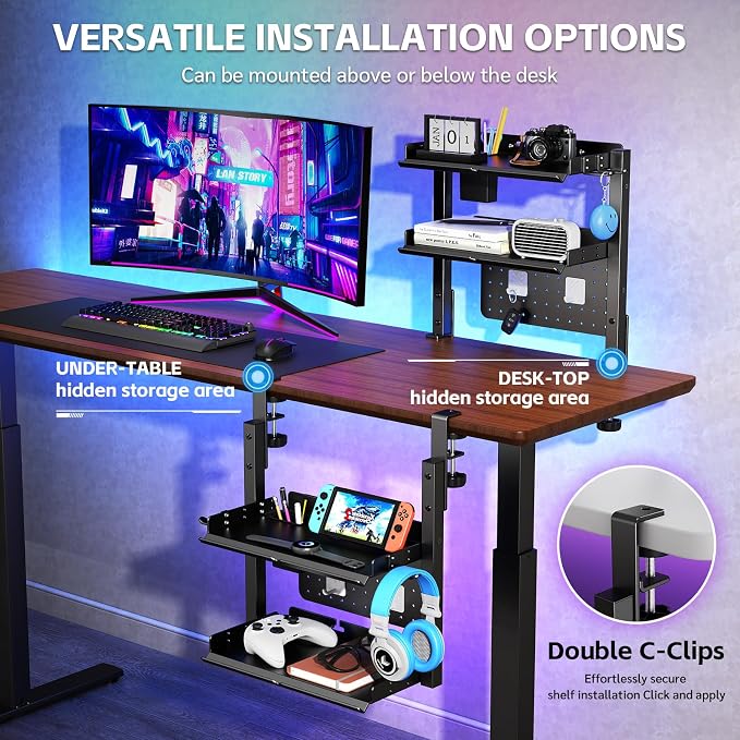 Metal Clamp On Desk Shelf,Storage Shelves with Pegboard and Pencil Holder | 2-Tier Adjustable 16 inch Above or Under Heavy Duty Desktop Organizer with Headphone Holder for Desk Accessories (Black)