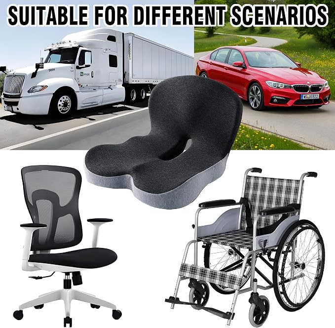 Memory Foam Seat Cushion for Truck Drivers, Office Chairs & Car Seats Back Support Sciatica Relief Pillow for Tailbone Ergonomic Pressure Relief Pad for Long Sitting & Driving