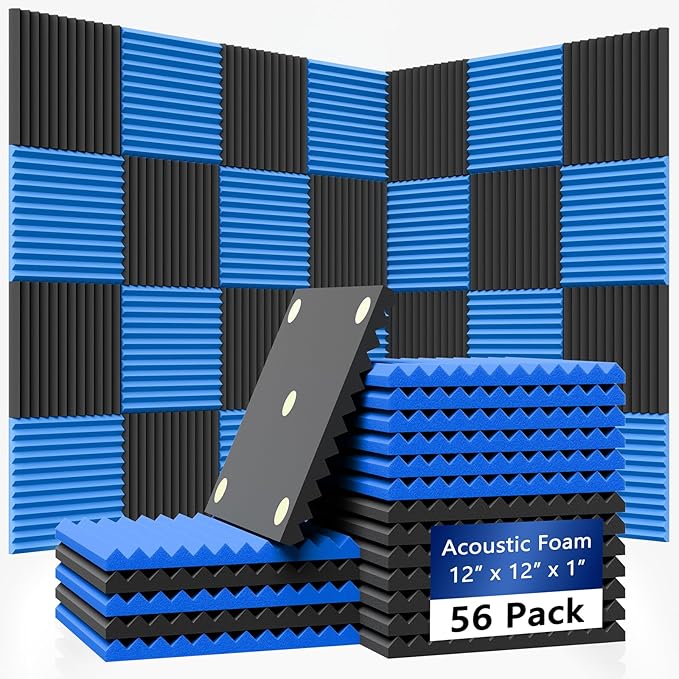 56 Pack Acoustic Foam Panels |1 "x12 "x12" Rapid Recovery Acoustic Wall Panels |High Density Sound Reducing Panels for Home Studio |With Adhesive Stickers 280PCS (28 Black+28 Blue)