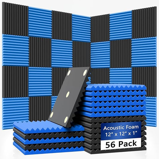 56 Pack Acoustic Foam Panels |1 "x12 "x12" Rapid Recovery Acoustic Wall Panels |High Density Sound Reducing Panels for Home Studio |With Adhesive Stickers 280PCS (28 Black+28 Blue)