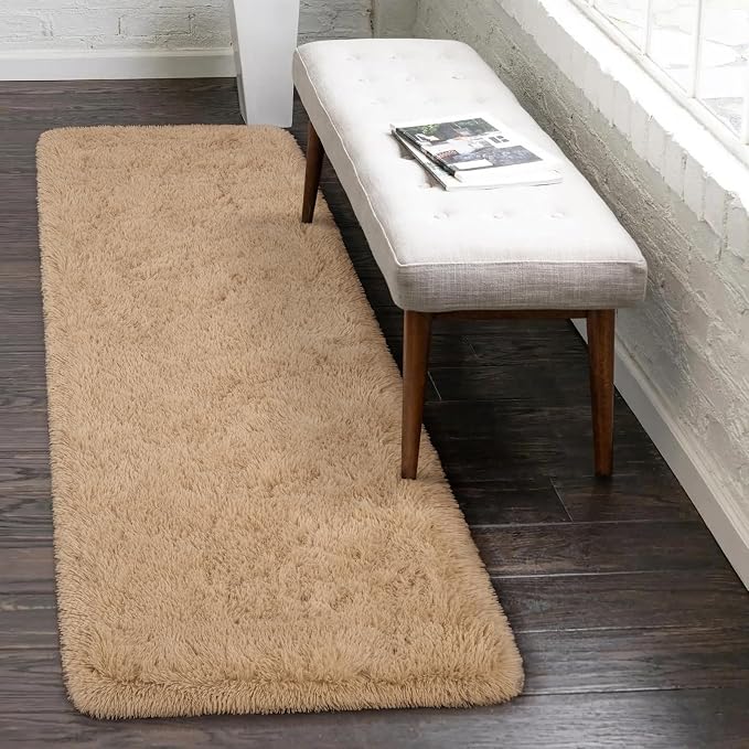 HOMORE 2x6 Runner Rugs for Bedroom, Light Tan Runner Rug for Hallway Entryway Laundry, Modern Shag Bedroom Runner Cute Carpets for Kids Dorm Bedside