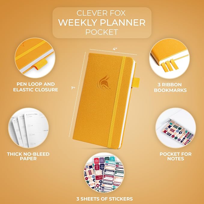 Clever Fox Pocket Planner Weekly – Undated Monthly Goal Planner and Calendar, Mini Planner Perfect for Purse, 3.7x6.7" (Amber Yellow)