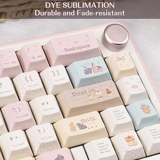 Pink Cute Rabbit Keycaps, PBT Custom Keyboard Caps, Cherry Profile Keycaps Set, Dye-Sublimation, 145 Keys for Mechanical Keyboard, Cute Key Caps Compatible with ANSI/ISO, 60% 75% 100%