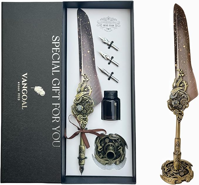 VANGOAL Steampunk Feather Pen and Ink Set with Gift Box, Vintage Quill Pen for Writing, Calligraphy Pen Set for Office Supplies, Birthday, Wedding, Christmas Gift (Grey)