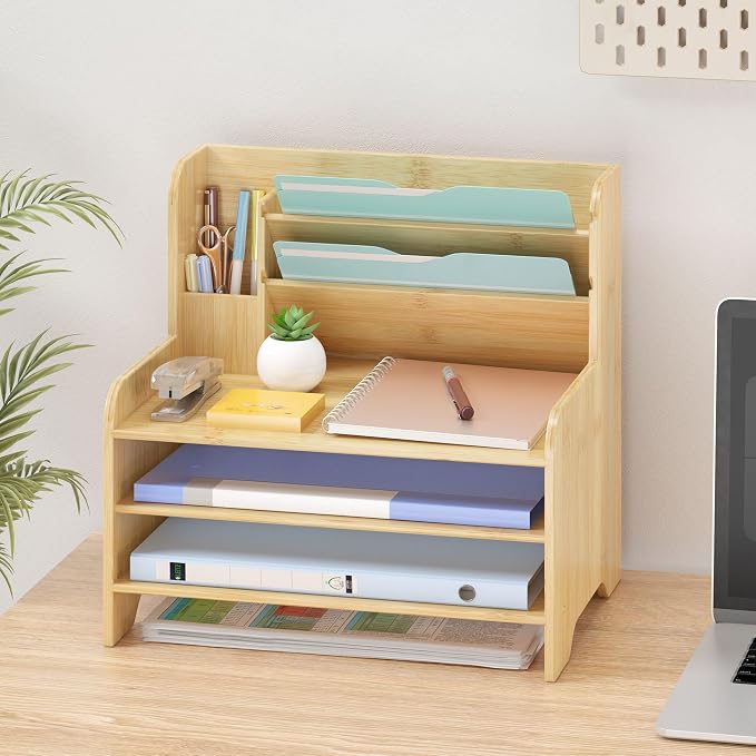 Bamboo File Organizer for Desk, Desktop Paper Tray and Mail Holder | Three open tiers keep A4/letter paper, folders, bills and mail sorted, visible and easy to reach while saving desk space