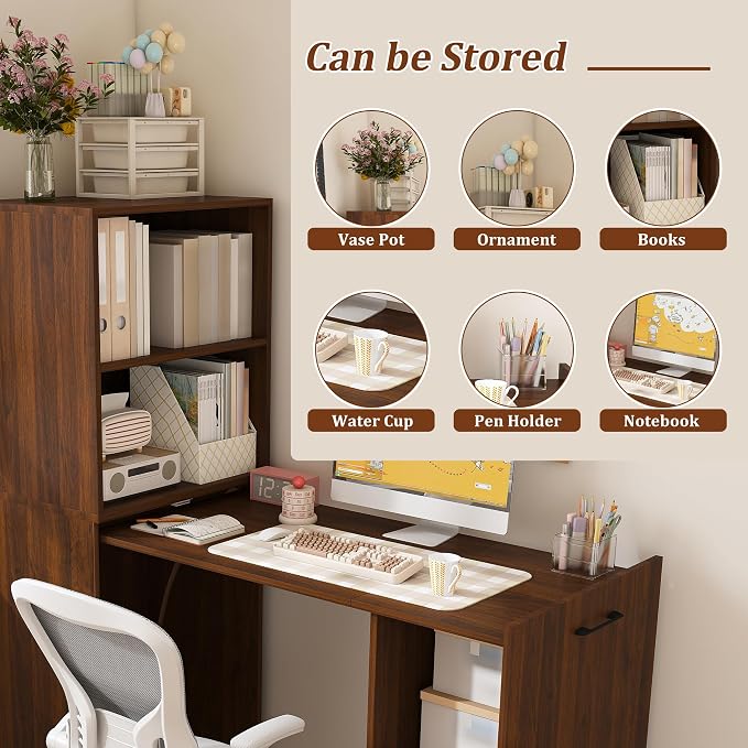 Walnut Murphy Desk with Storage Shelves, Wood Folding Desks for Small Spaces, Expandable Hideaway Computer Desk, Space Saving Pull Out Study Table for Bedroom Apartment (Walnut,)