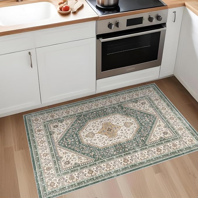 Puino Washable Entryway 2x3 Rug: Small Boho Rugs for Indoor Entrance Non Slip Backing Stain Resistant Carpet Low Pile Throw Rugs for Bedroom Bedside Inside Front Door Floor Kitchen Decor(Green,2x3FT)