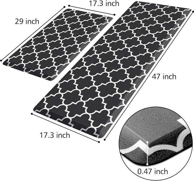KMAT Kitchen Mat [2 PCS] 0.47inch Cushioned Anti-Fatigue Kitchen Rug, Waterproof Non-Skid Kitchen Mats and Rugs Heavy Duty PVC Ergonomic Comfort Standing Mat for Kitchen, Floor Home, Sink, Black