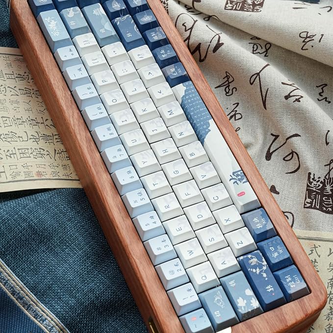 Blue White keycap 130 Key Dye Sublimation PBT keycaps Chinese Calligraphy Keycap Keycaps Cherry Profile Creamy Custom Keycap Set for 60%/65%/75%/TKL/96%/100% US Layout Mechanical Keyboard