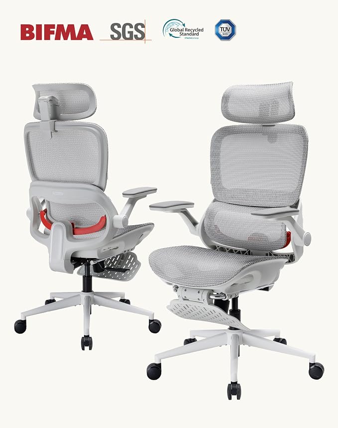 SIHOO B100 Pro Ergonomic Office Chair, Office Chair with Adaptive Lumbar Support, Computer Chair with Dual-Back, Desk Chair with 360° Rotatable & Flip-Up Armrests, 3D Wide Headrest, Light Grey
