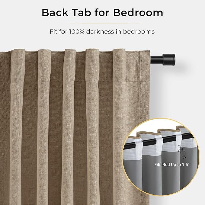 INOVADAY 100% Blackout Curtains for Bedroom, Black Out Curtains 84 Inch Long, Clip Rings Linen Blackout Drapes, Thermal Insulated Room Darkening for Living Room, 2 Panels - Taupe,W50xL84