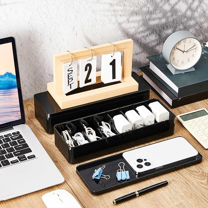 Tatuo 1 Pcs Cord Organizer for Drawer Desktop, Cable Organizer Box with 8 Compartments and Wire Ties, Plastic Charger Storage with Lid, Electronics Case for Home Office Accessories (Small,Black)