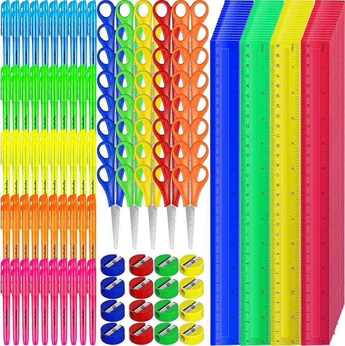 400 Pcs Back to School Supplies Kit Include 100 Student Scissors 100 12 Inch Plastic Rulers 100 Pencil Sharpeners 100 Highlighters for School Classroom Home Charity Donation Supplies (400)