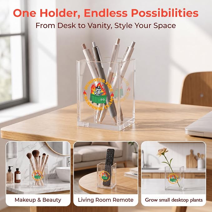 Funny Raccoon Dumpster Fire Office Acrylic Cosmetic Pen Pencil Holder Cup, Dumpster Fire Response Team Humor Pencil Organizer, Unique Desk Accessories, Motivational Gifts for Women Men（A41）