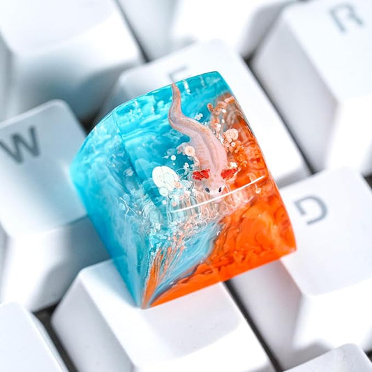 Pink Axolotl Artisan Keycap Orange Blue Ocean - 1U ESC, R1 SA Profile Custom Handmade Resin Cherry MX Switch Key Cap Mechanical Keyboard, Cool Tech Gifts for Men, Dad, Father, Gamer, Axolotl Lover
