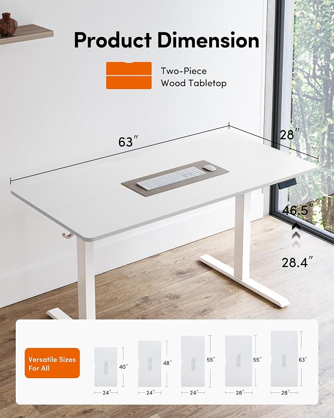 FEZIBO Standing Desk, 63×28 Inches Electric Height Adjustable, Sit Stand Up, Computer Office Desk with Splice Board, While Frame/While TOP