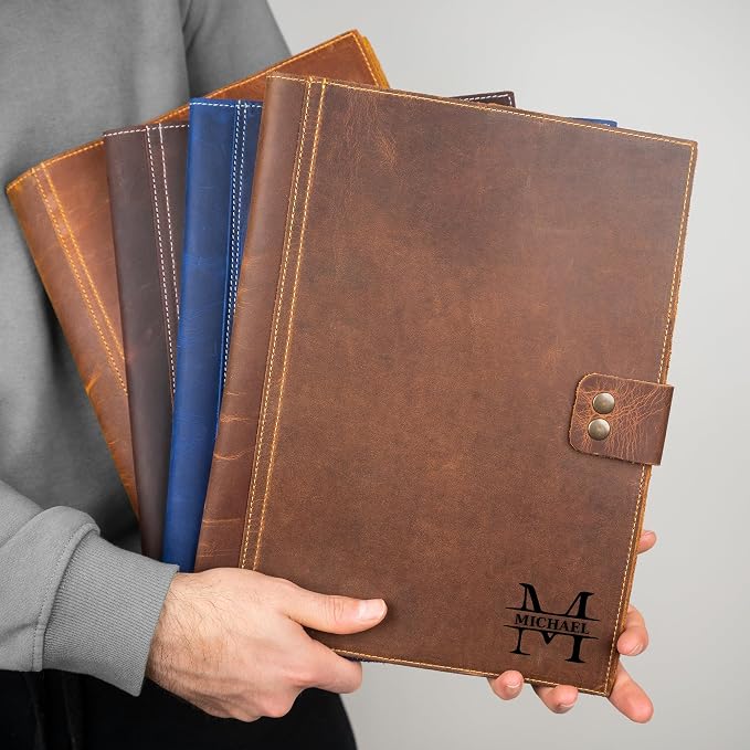 Personalized Leather Portfolio, Leather Notebook, Portfolio Folder, A4 Notepad for Women Men Gift Dark Brown (12.5 x 9.5 inches)