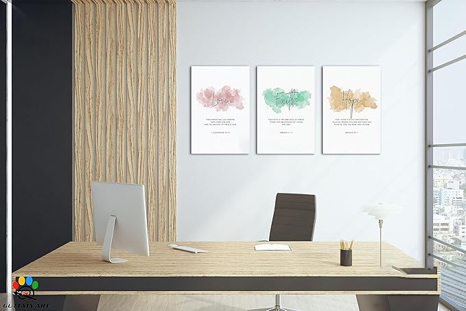 3 Piece Inspirational Wall Art - Love Faith Hope Office Quotes Pictures for Wall Decor, Motivational Canvas Wall Art for Women, Inspirational Poster Framed Artwork for Home, School Decor 12”x18”x3Pcs