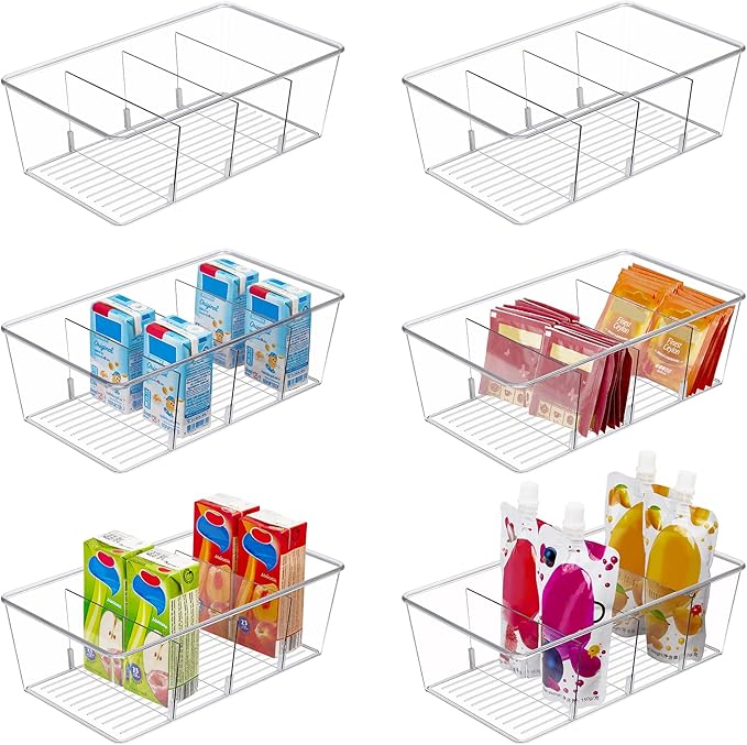 Vtopmart 6 Pack Food Storage Organizer Bins, Clear Plastic, 4 Compartments | For Pantry, Kitchen, Fridge and Cabinet Organization, Organize Food Packets, Snacks, Pouches and Spice Packets