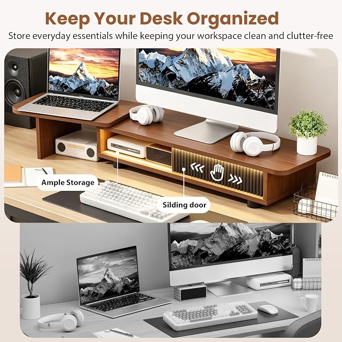 Artswish Dual Monitor Stand with Power Outlet, Brown Desk Monitor Riser | 2 AC Outlets & 2 USB Ports, RGB Lighting, Sliding Storage, Flexible Side Shelf, Desk Riser for Office, Work and Study