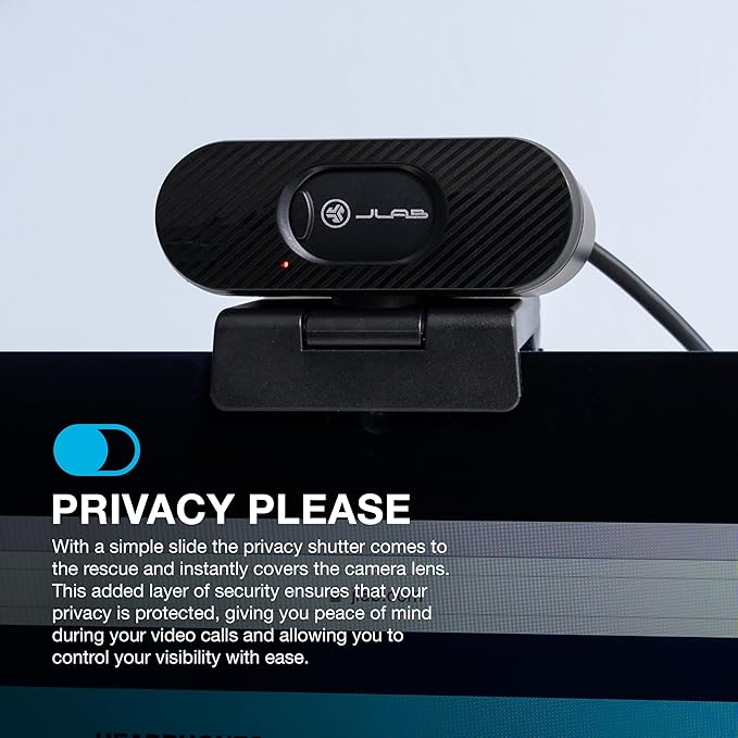 JLab Go Pop Cam, USB Webcam, 1080p, Built-in Privacy Shutter, Plug and Play, Black