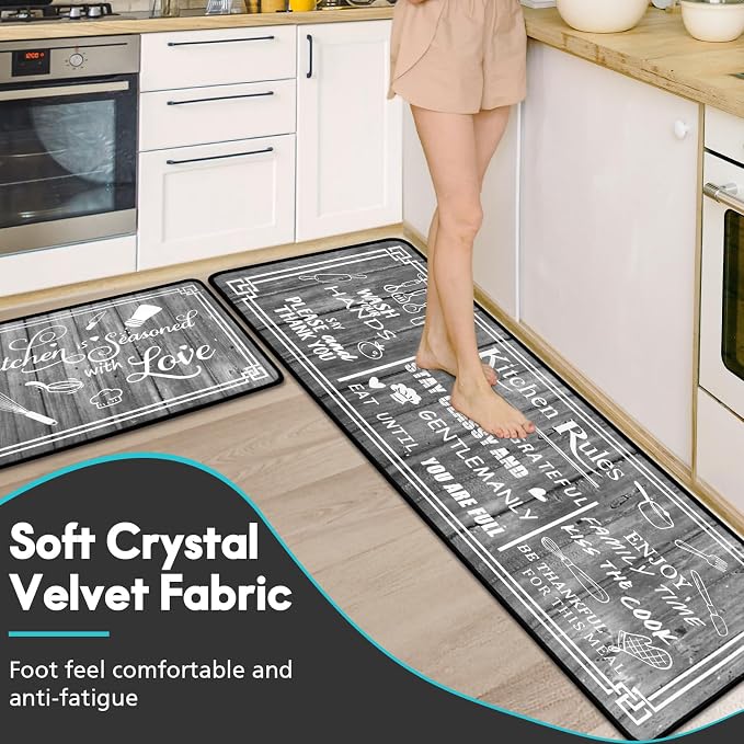 Kitchen Rug Sets of 2 Piece Non Slip Kitchen Rugs and Mats Washable Kitchen Mats for Floor Kitchen Carpet Runner Rugs Decor for Laundry Bathroom Living Room,Grey Kitchen Rules 20"x 59"+20"x 32"