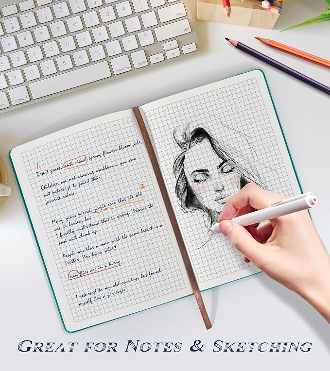 Biuwory Graph Paper Notebook Journal for Women Men,140 Pages Hardcover Grid Notebooks for Work & School,Leather Journals for Writing, Graphing Paper Notebook 5.7"×8.3" (Blue)