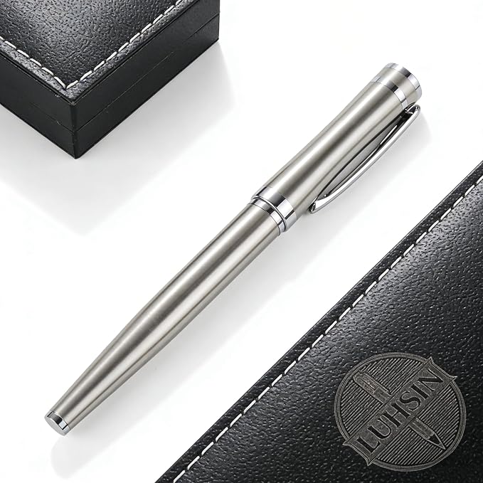 LUHSIN Brushed Silver Metal Rollerball Pen - 0.5mm Smooth Writing Professional Pen, Luxury Executive Gift Set for Men & Women, Office Signature Pen